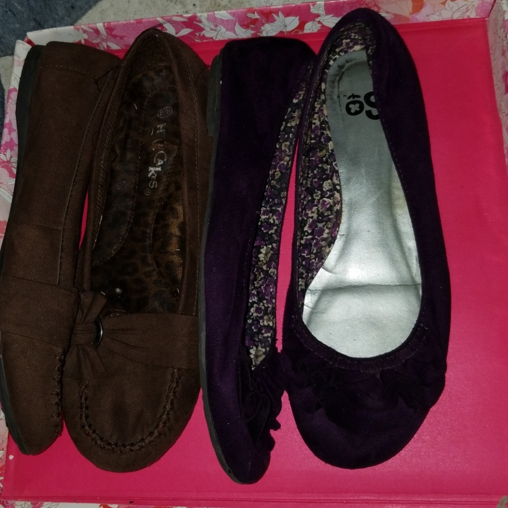 2 pair flats Brown & Purple Felt Suede 9M